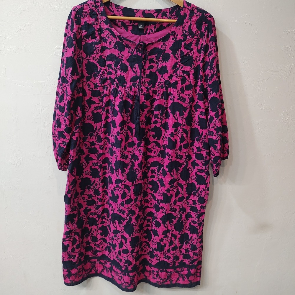 Studio Park Women's Pink Navy Floral Tassel Shift Dress Sz XL Mumu Style Pockets